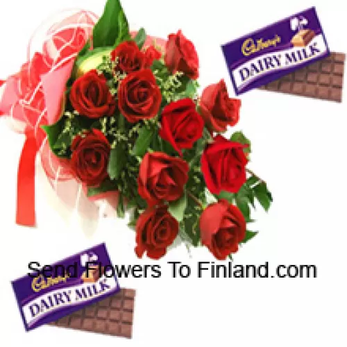 Bunch Of 11 Red Roses With Seasonal Fillers Along With Assorted Cadbury Chocolates