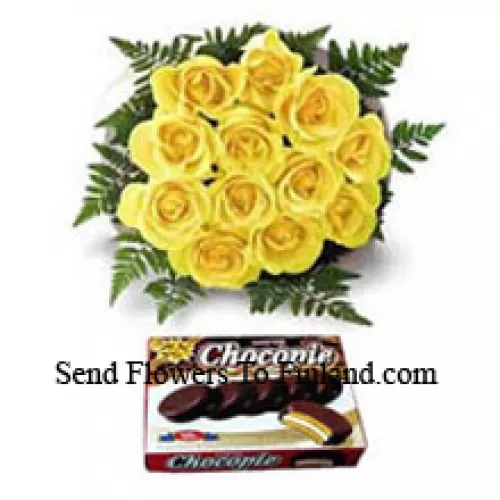 حزمة من 11 وردة صفراء وصندوق من الشوكولاتة