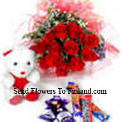 Bunch Of 11 Red Roses With Assorted Chocolate And A Cute Teddy Bear