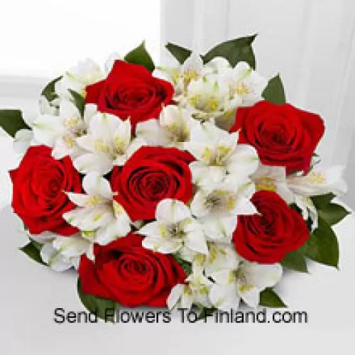 Bunch Of 7 Red Roses And Seasonal White Flowers