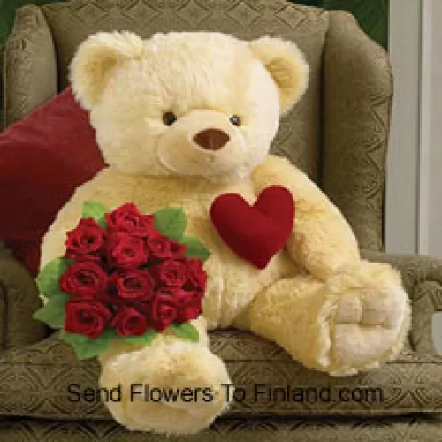 Bunch Of 11 Red Roses With A 32 Inches Tall Teddy Bear (Please Note That We Reserve The Right To Substitute The Teddy Bear With A Teddy Bear Of Equal Value And Size In Case Of Non-Availability Of The Same. Limited Stock. While Substituting The Product We Will Ensure That The Same Exclusivity Is Maintained)